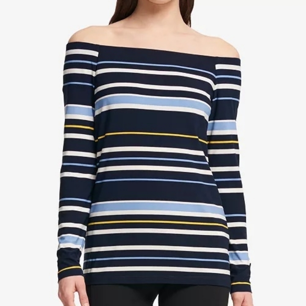 DKNY Top Off The Shoulder Striped Blue White Yellow Spring Stretchy Chic